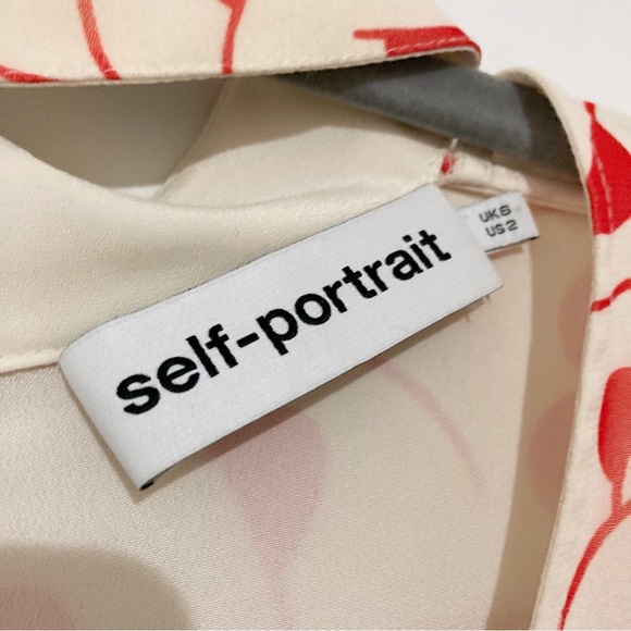 Self Portrait High Neck Printed Blouse Choker Detail Red/Ecru Size UK6/US 2 - Picture 6 of 14